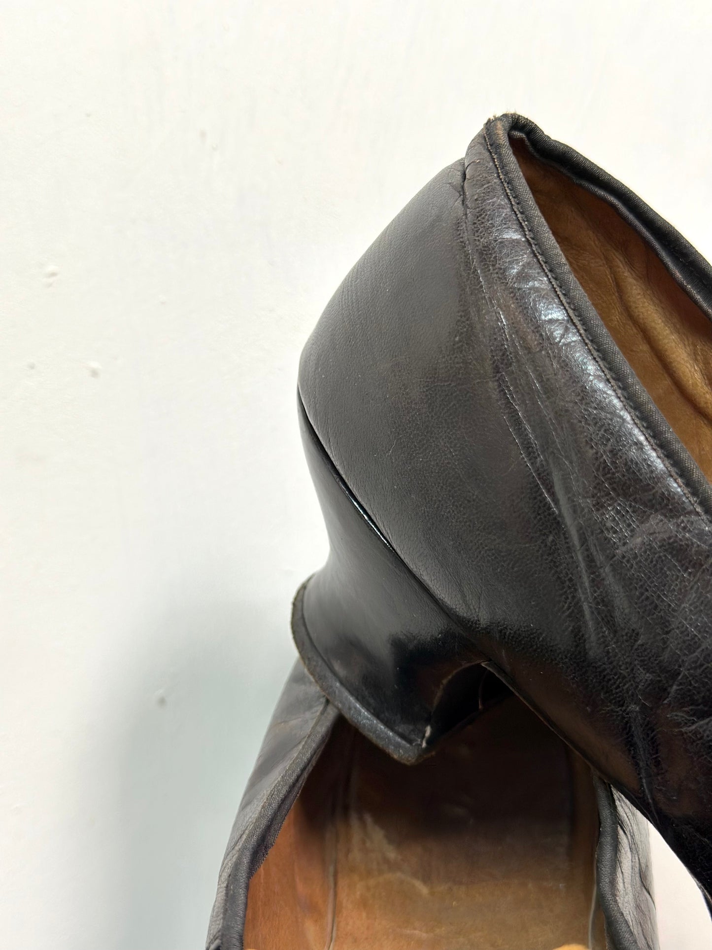 Antique French Black Leather Heels With Bow