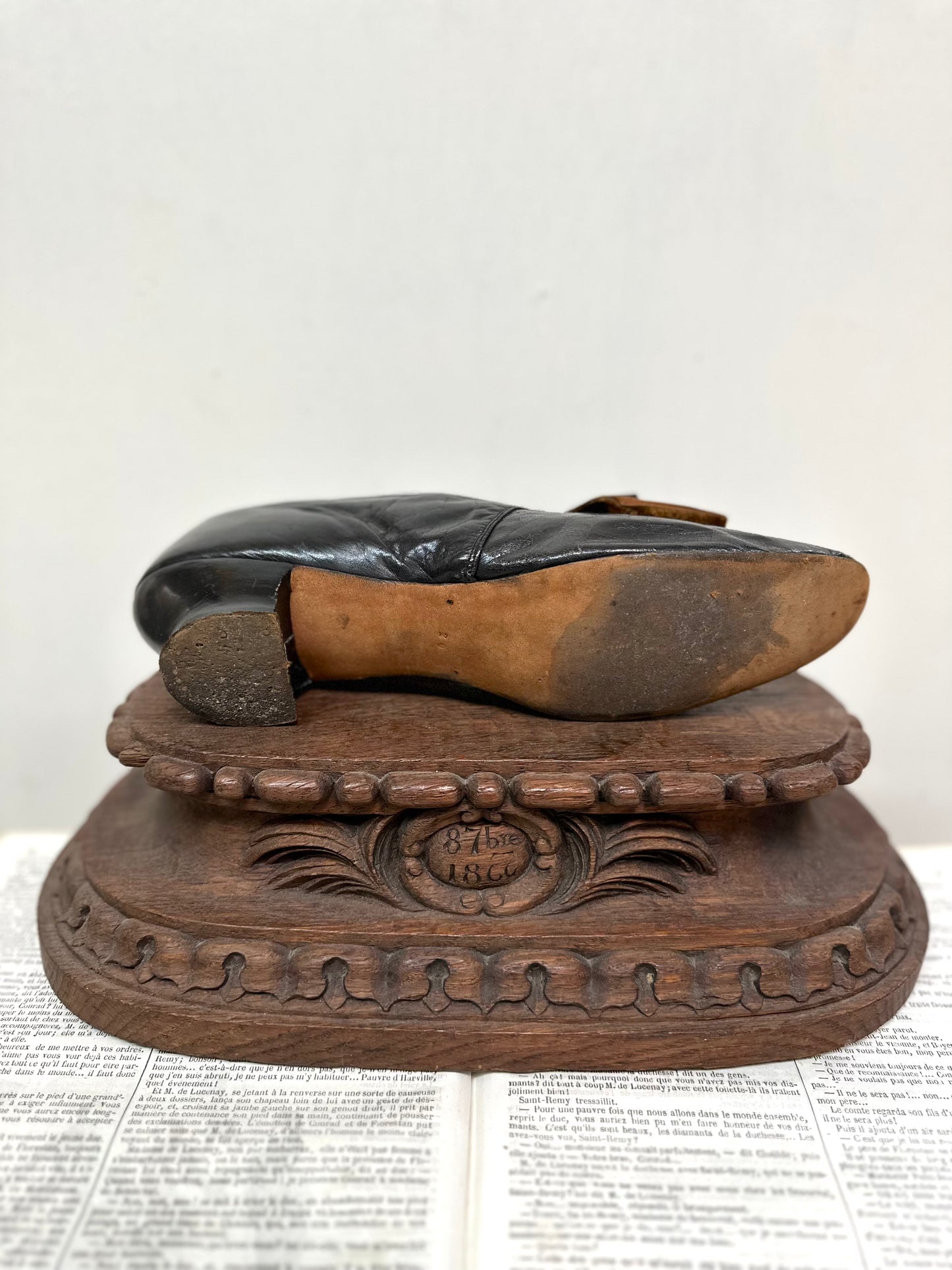 Antique French Black Leather Heels With Bow