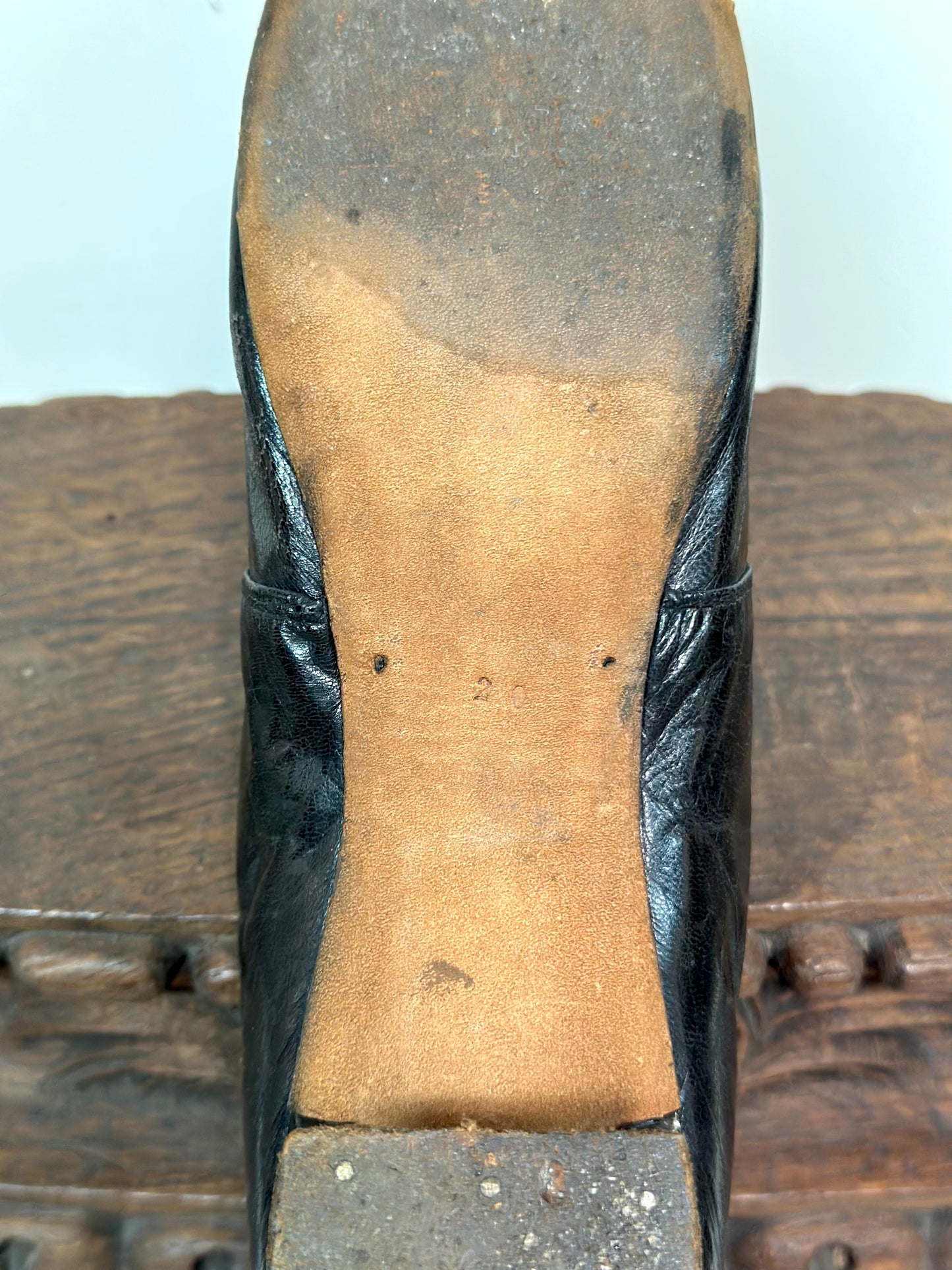 Antique French Black Leather Heels With Bow