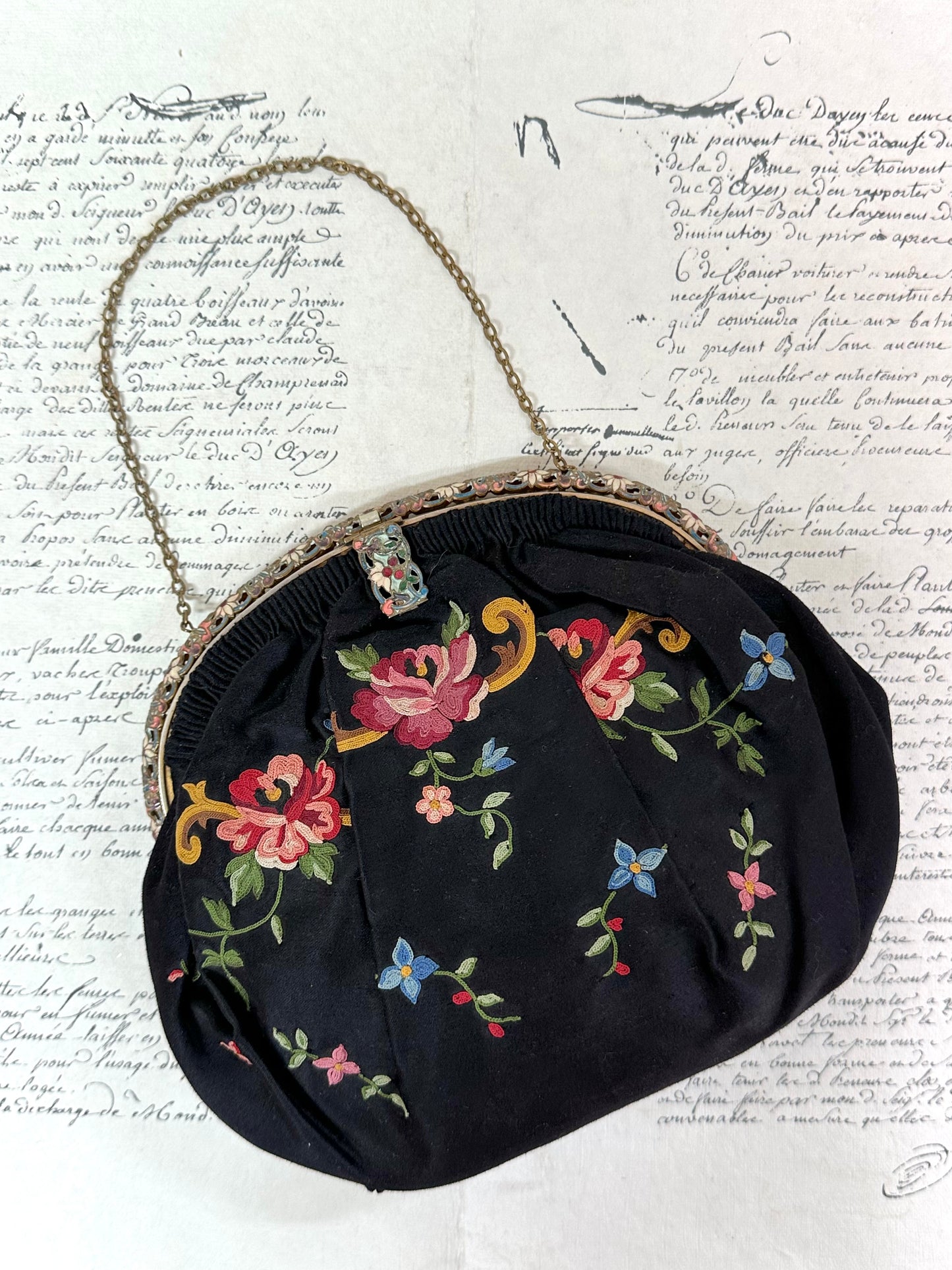 Antique French Black Satin Bag With Floral Embroidery