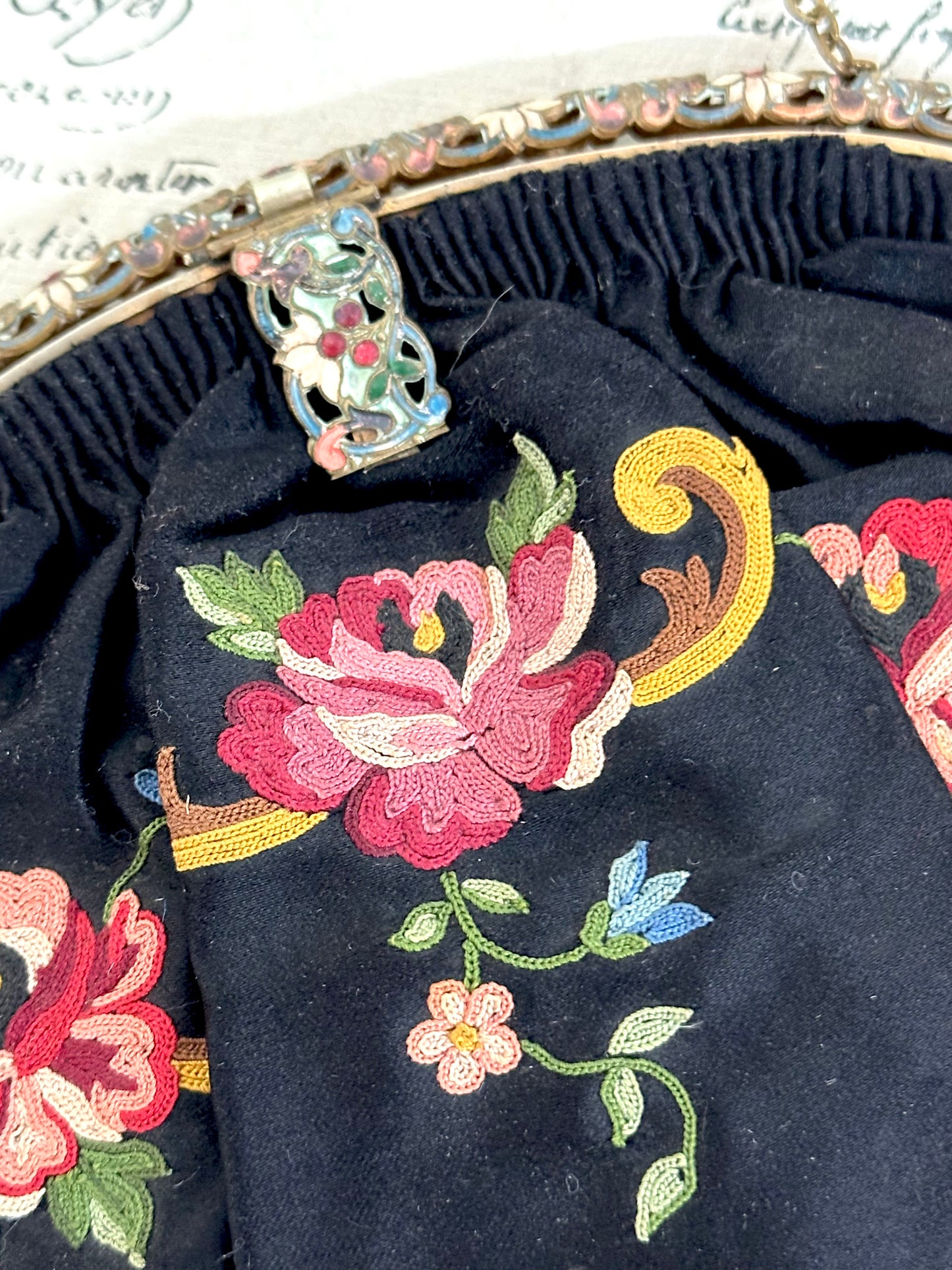 Antique French Black Satin Bag With Floral Embroidery
