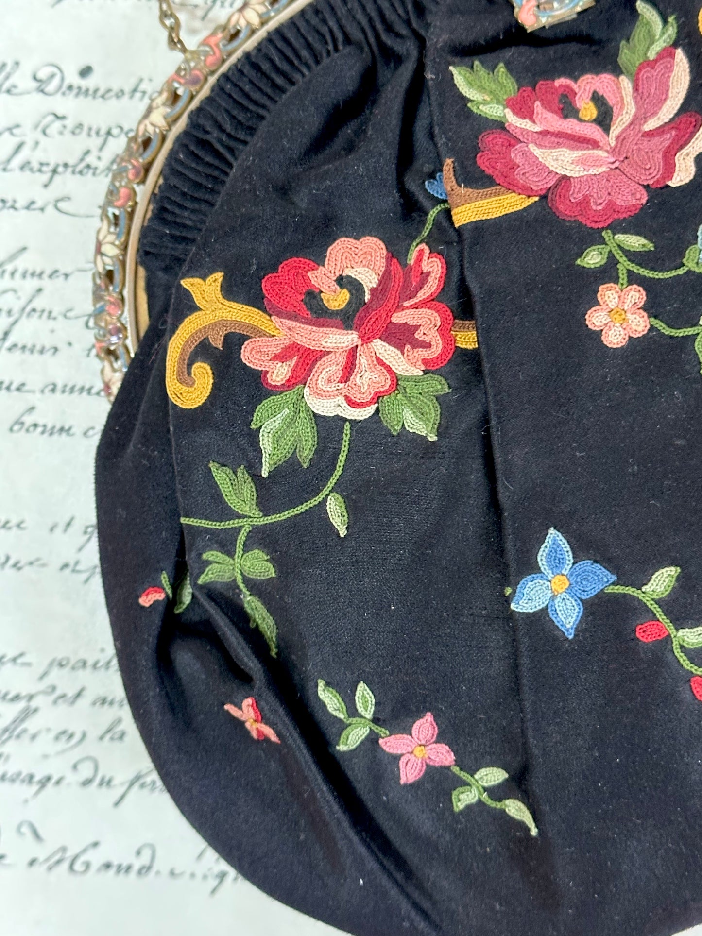 Antique French Black Satin Bag With Floral Embroidery