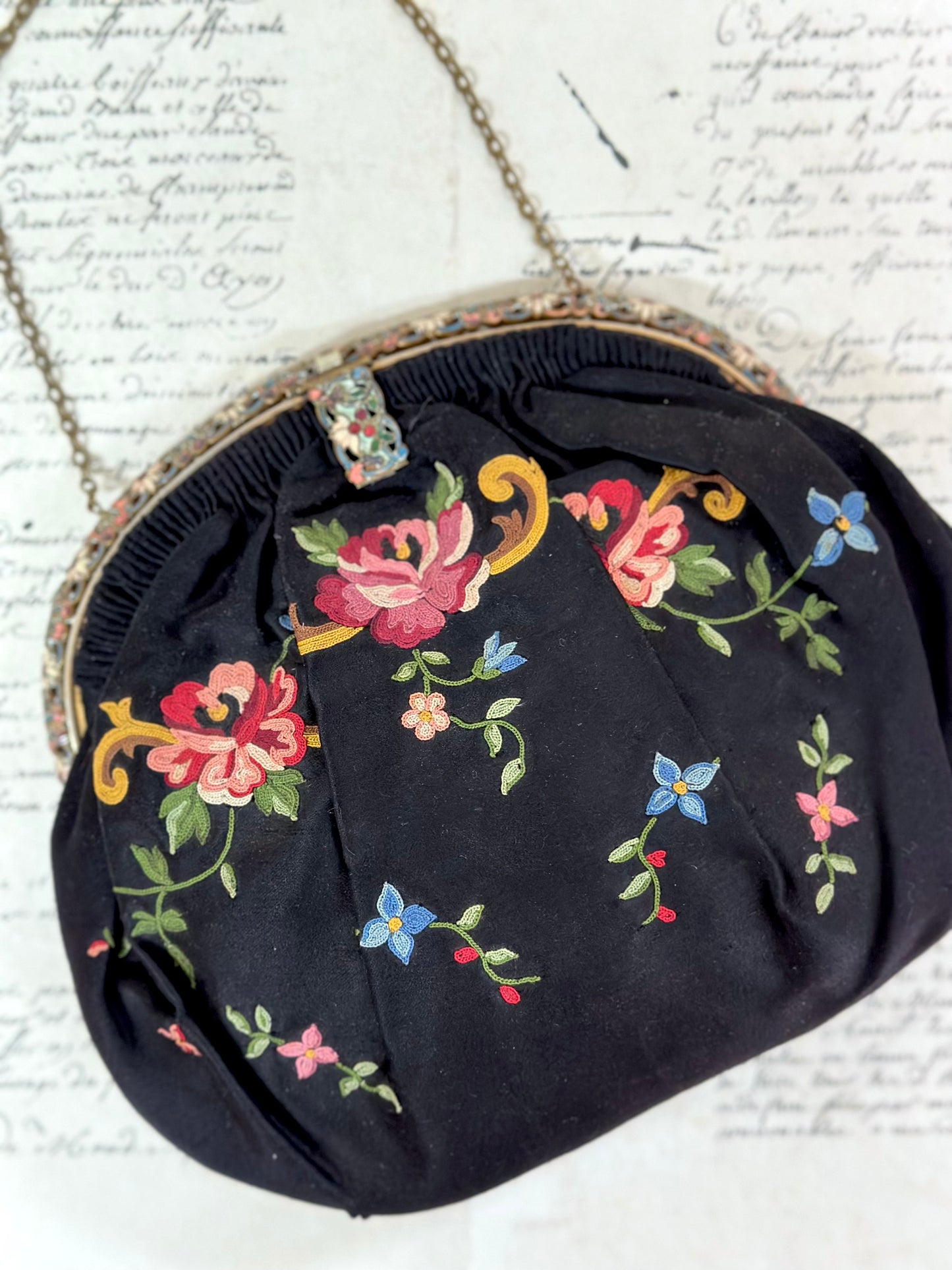 Antique French Black Satin Bag With Floral Embroidery