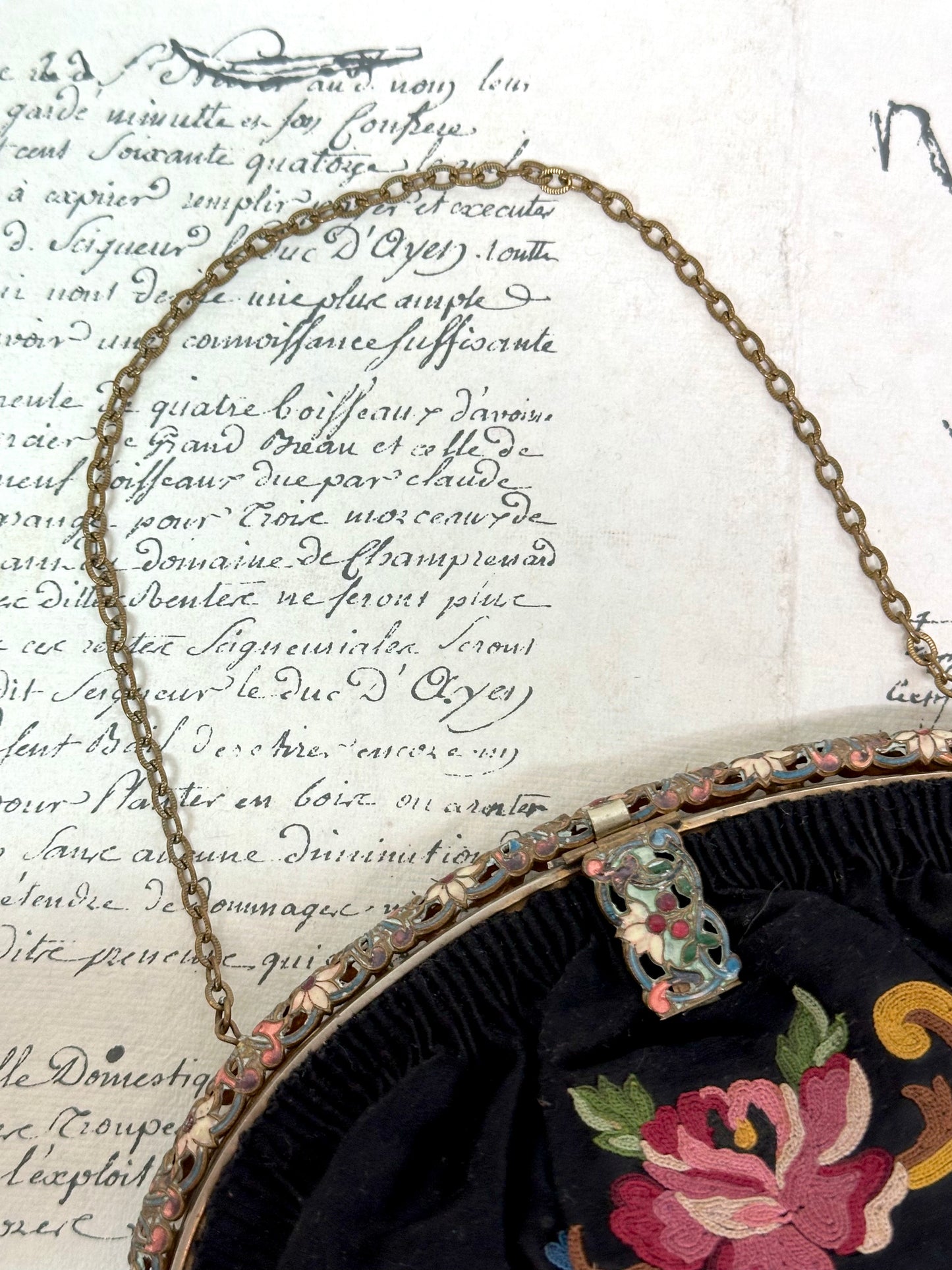 Antique French Black Satin Bag With Floral Embroidery