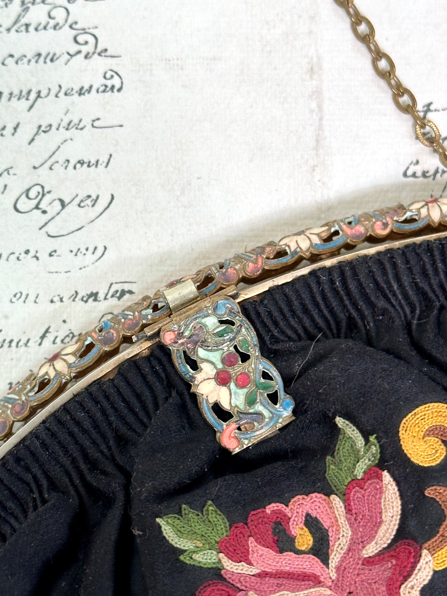 Antique French Black Satin Bag With Floral Embroidery