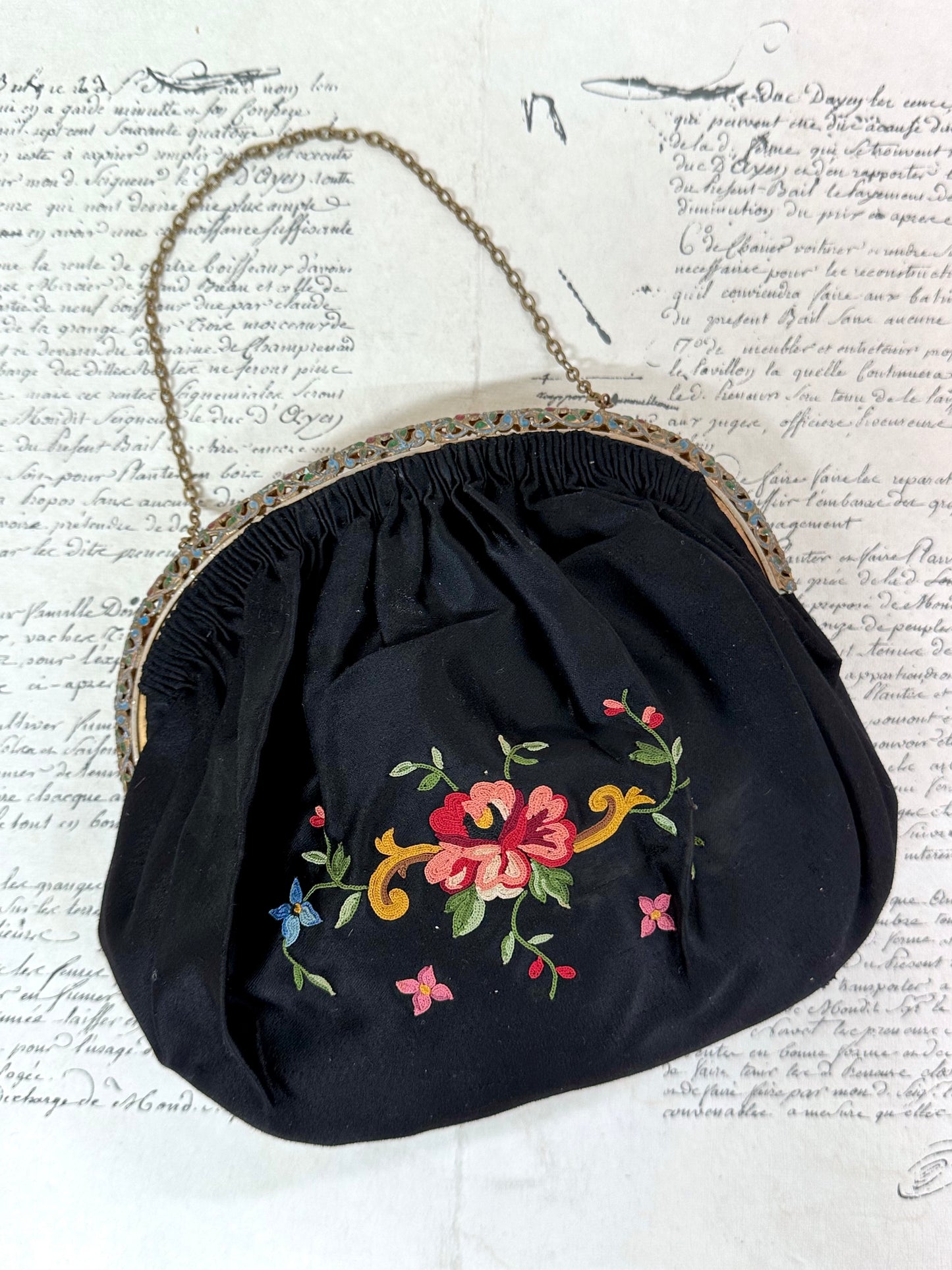 Antique French Black Satin Bag With Floral Embroidery