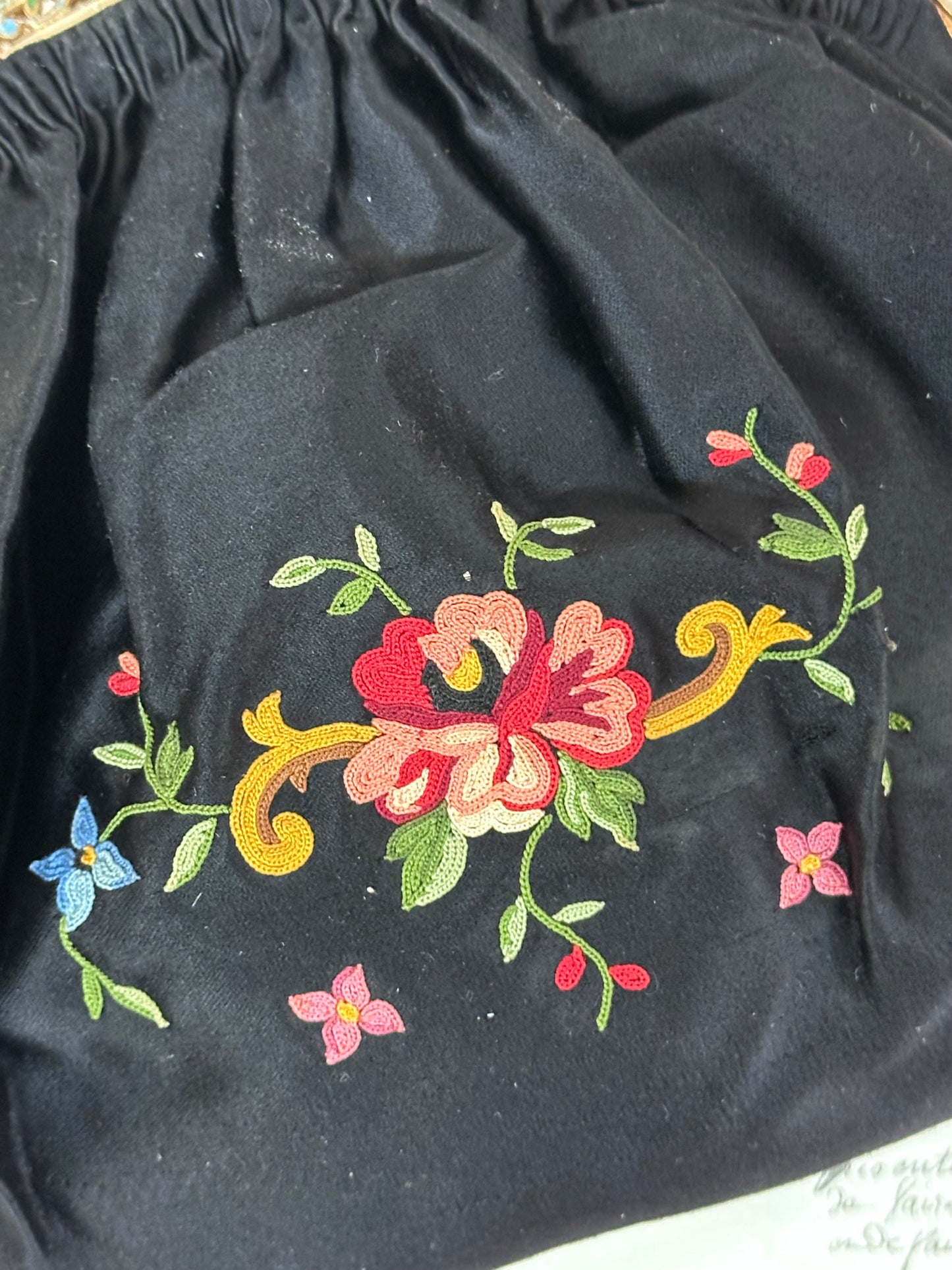 Antique French Black Satin Bag With Floral Embroidery
