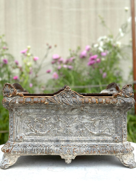 Antique French Grey Rectangle Cast Iron Jardinere