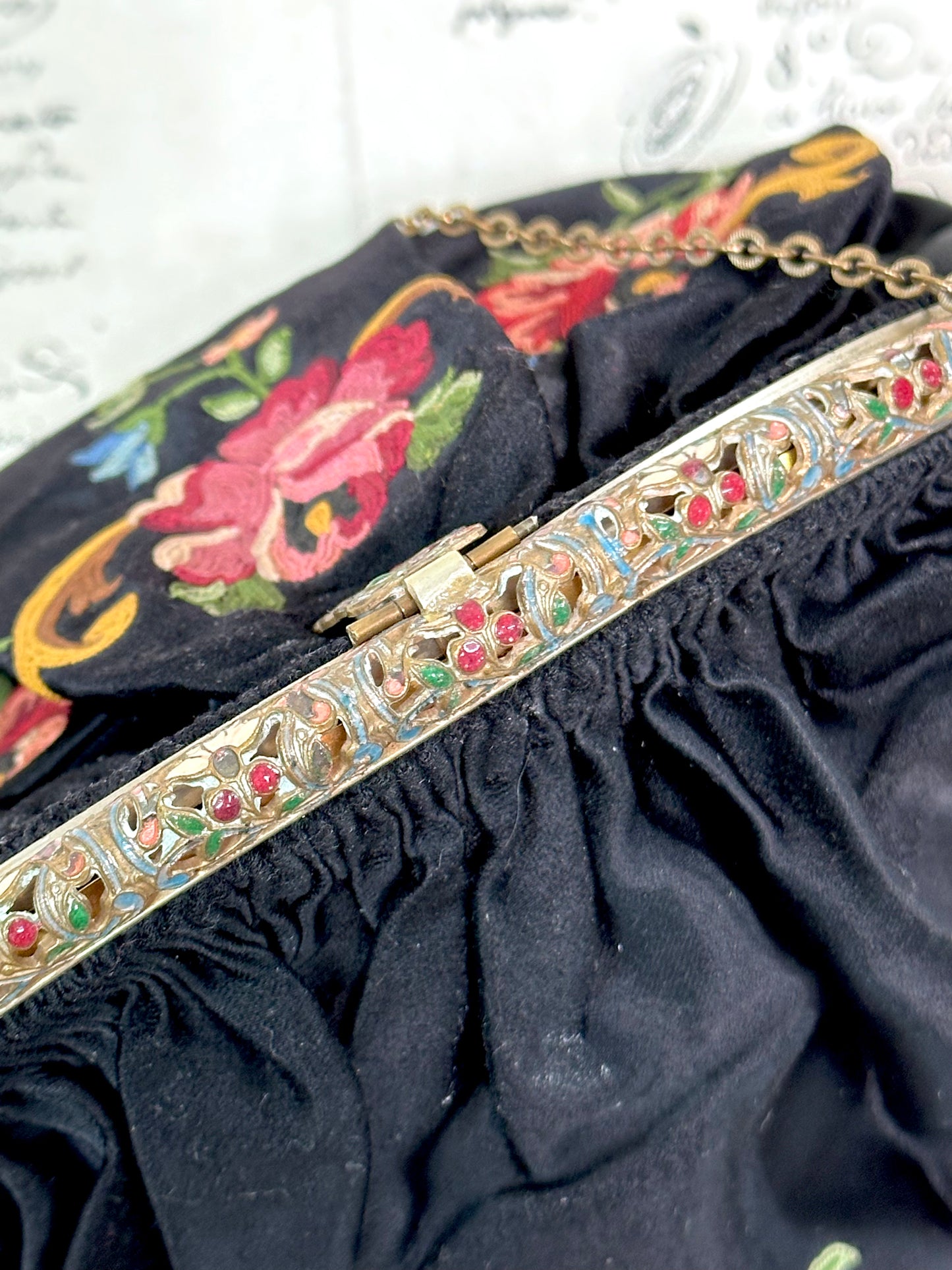 Antique French Black Satin Bag With Floral Embroidery