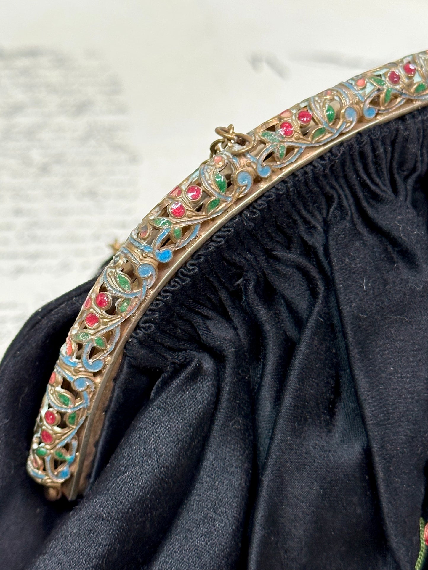 Antique French Black Satin Bag With Floral Embroidery