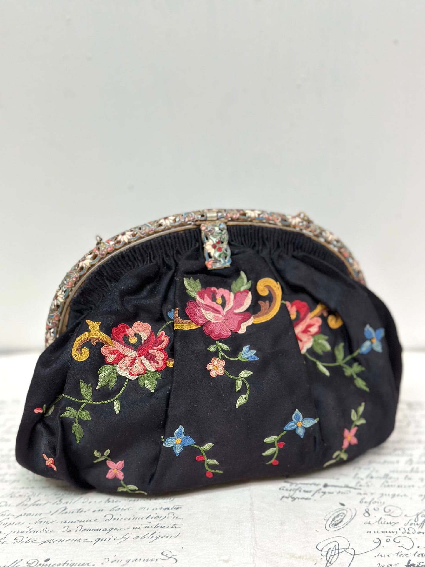 Antique French Black Satin Bag With Floral Embroidery