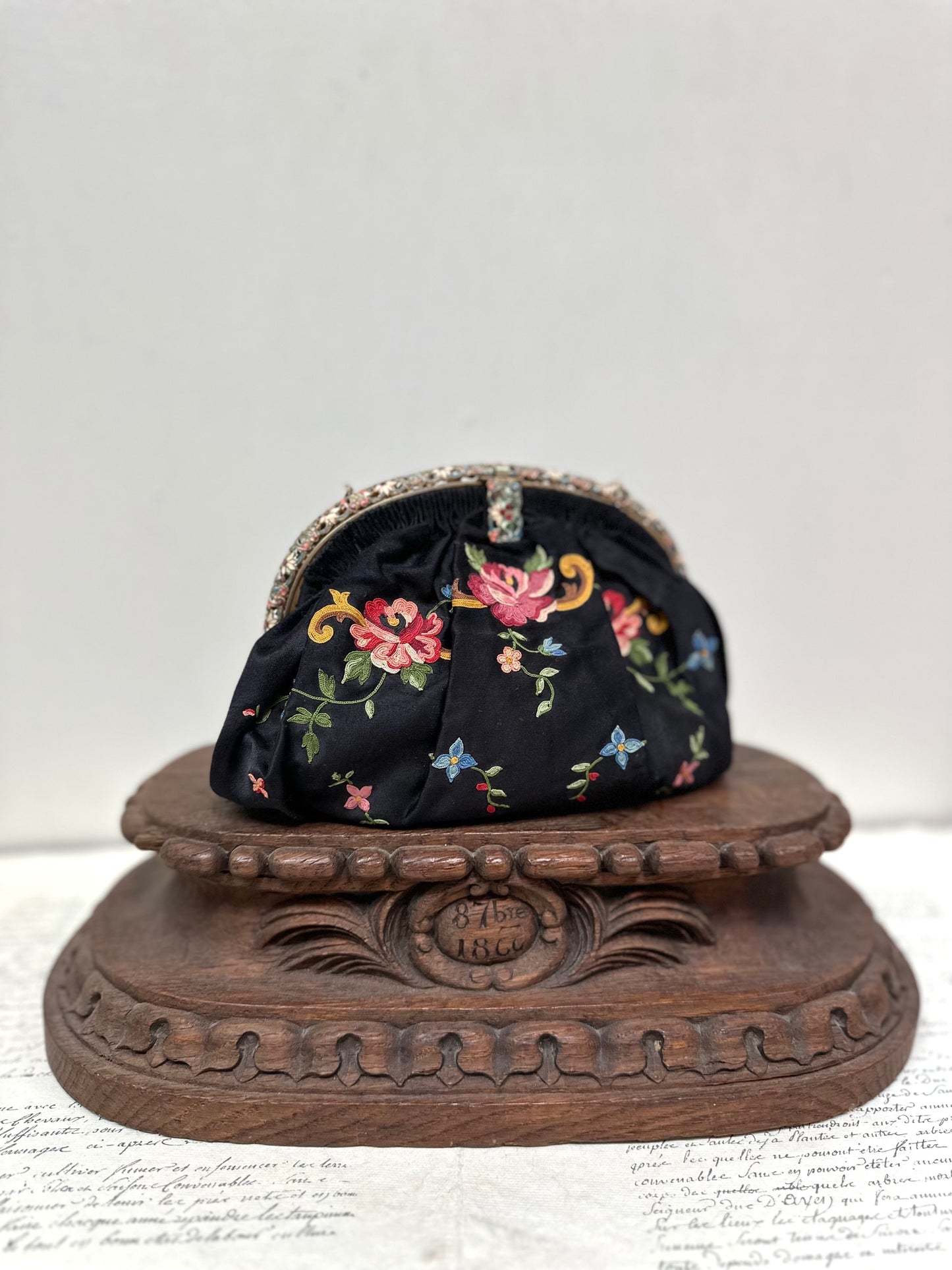 Antique French Black Satin Bag With Floral Embroidery