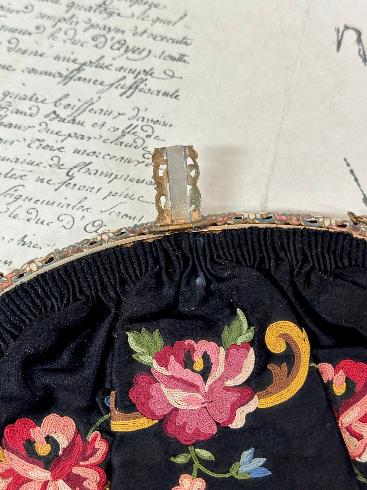 Antique French Black Satin Bag With Floral Embroidery