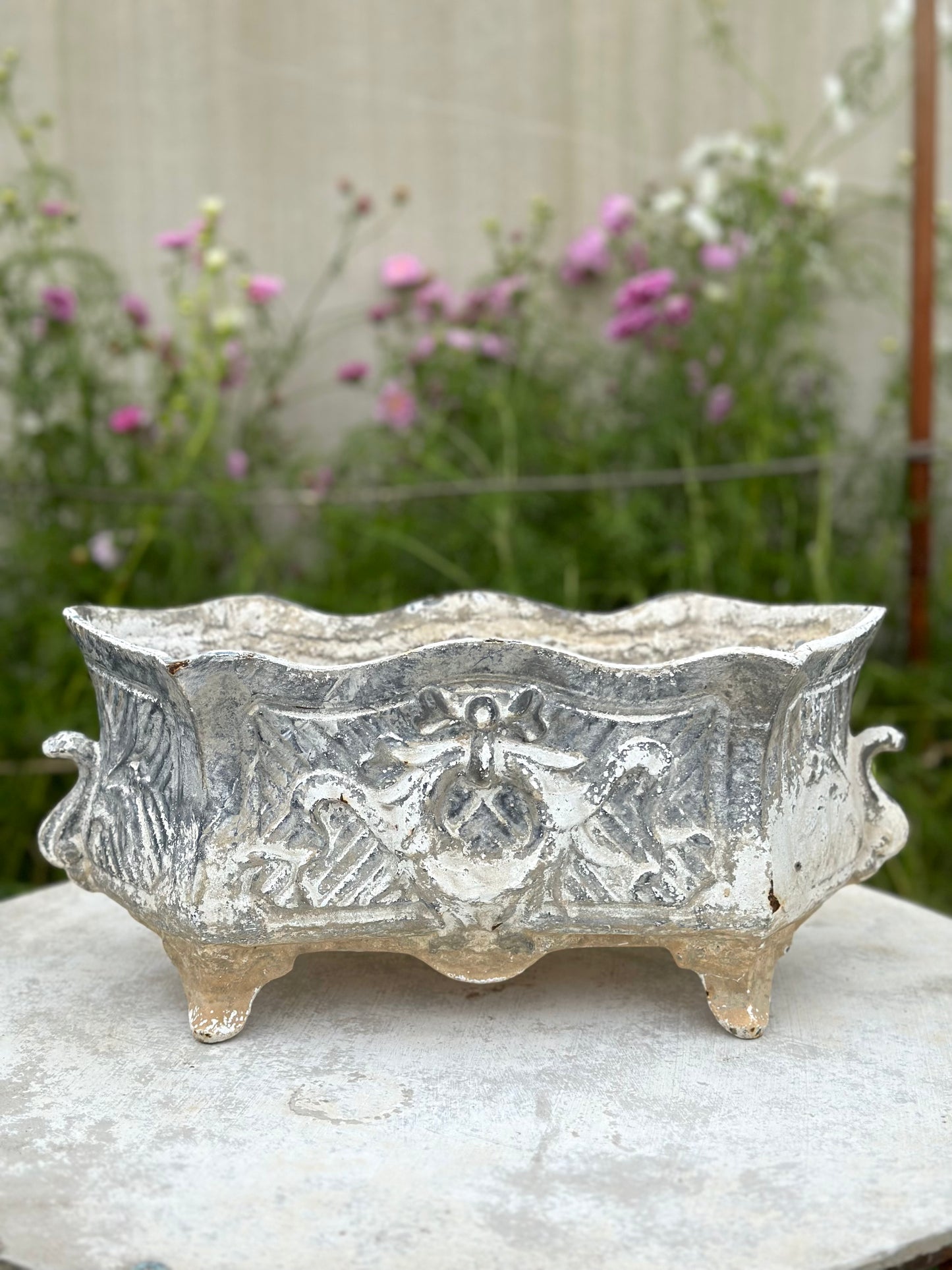 Antique French Wreath & Bow Cast Iron Jardinere