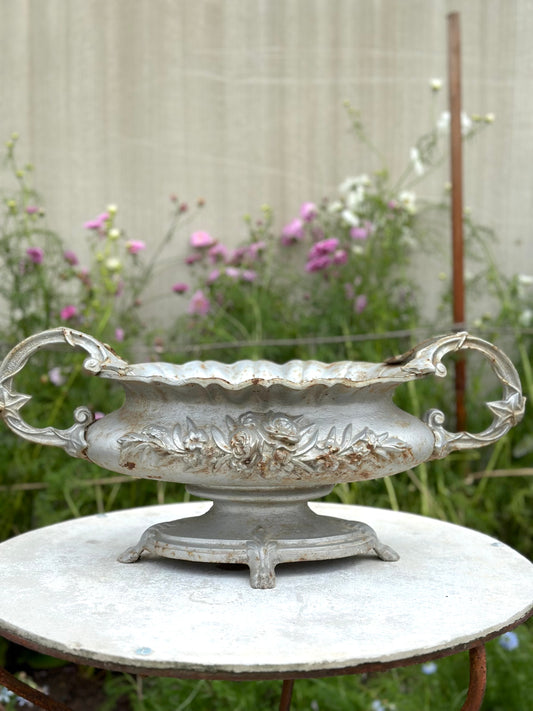 Antique French Large Silver Cast Iron Jardinere with Handles