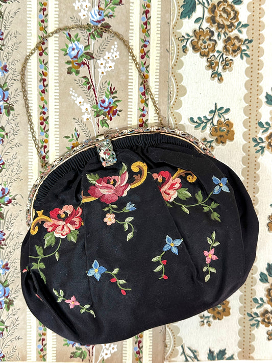 Antique French Black Satin Bag With Floral Embroidery