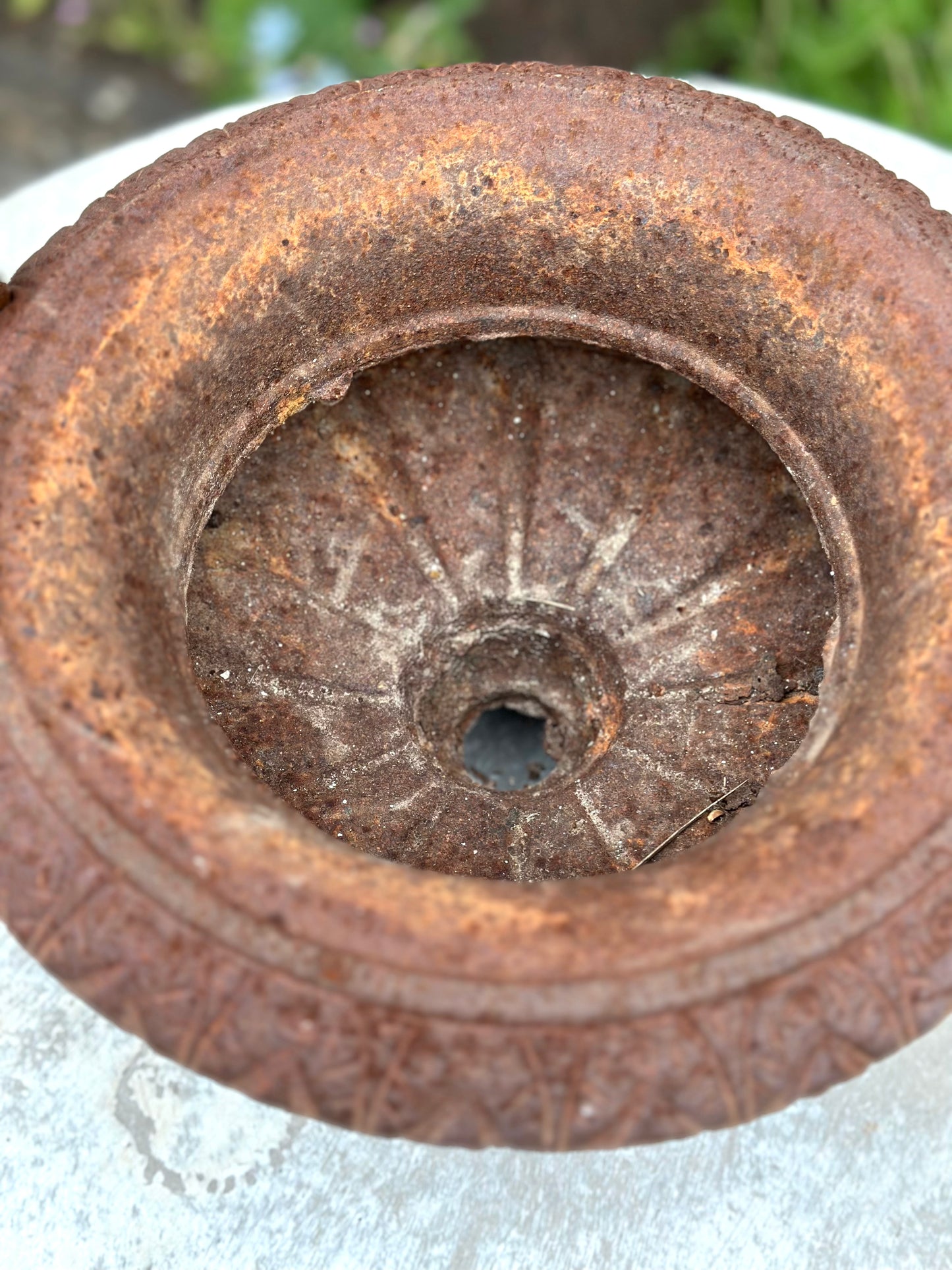 Antique French Petite Round Rust Cast Iron Jardinere with Handles