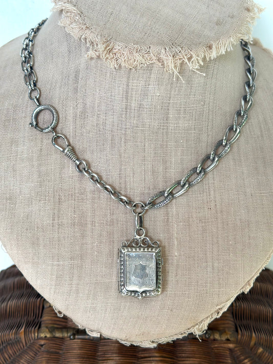 Antique French Silver Locket Necklace With Ornate Chain