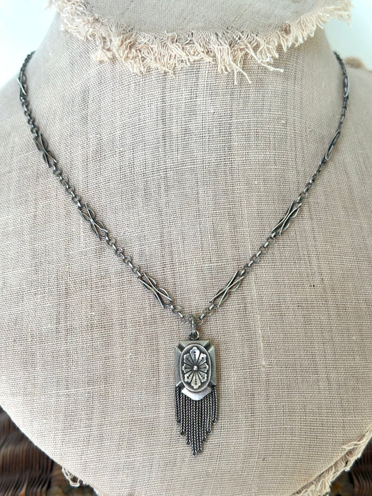 Antique French Silver Necklace With Ornate Chain, Fob And Tassle