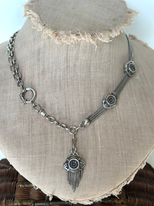 Antique French Silver Necklace With Floral Fob Chain And Sliders
