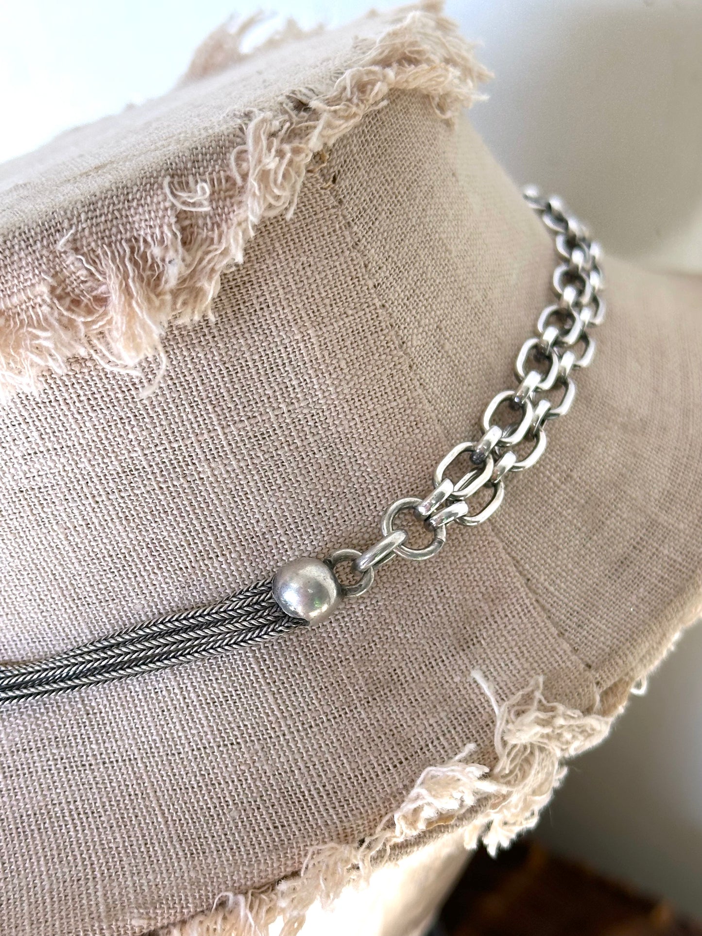 Antique French Silver Necklace With Floral Fob Chain And Sliders