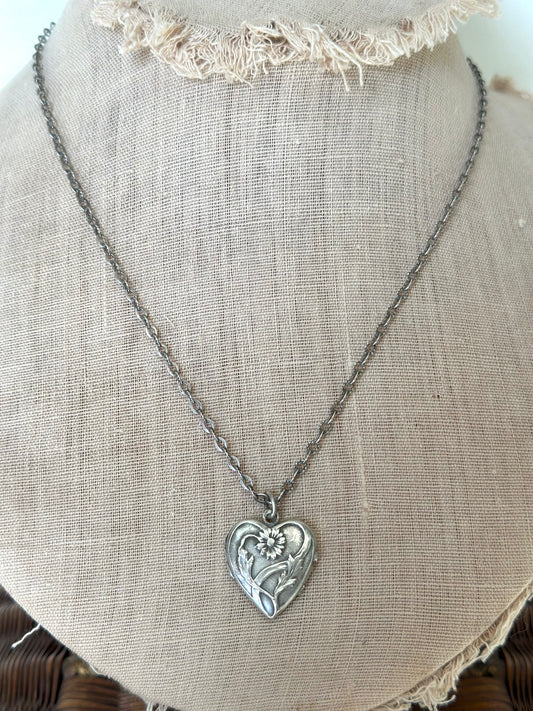 Antique French Ornate Silver Necklace With Floral Heart Locket