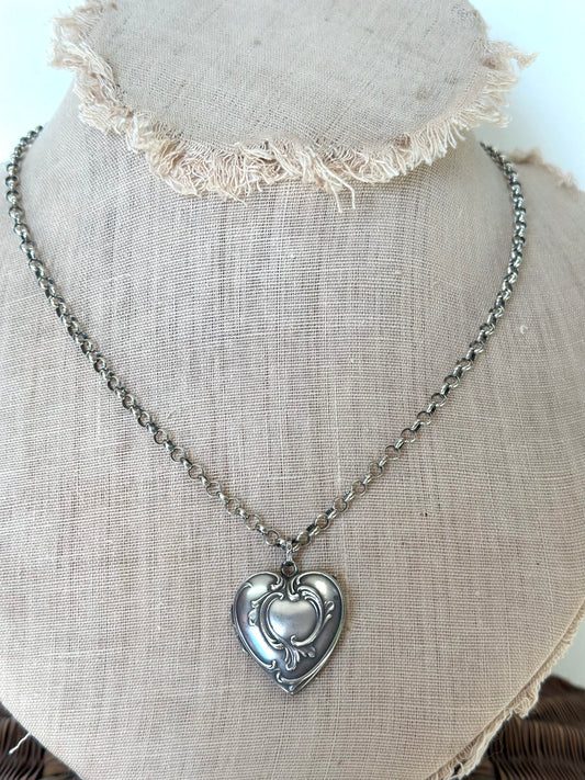 Antique French Silver Necklace With Heart Locket