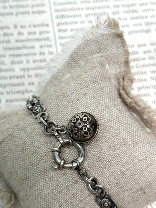 Antique French Silver Flower Bracelet With Ball Fob