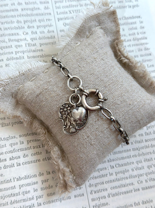 Antique French Silver Bracelet With Lourdes Medal And Heart Charm