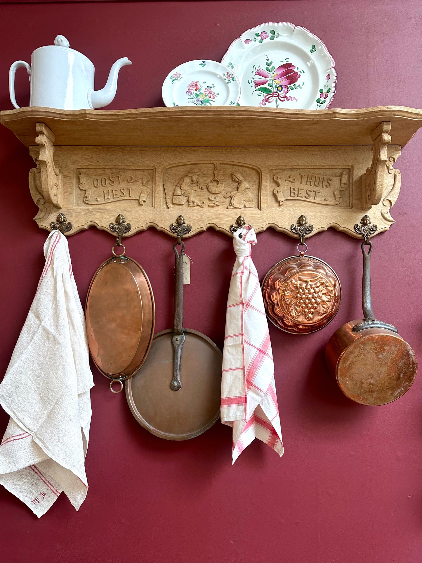 Antique French Louis XV Oak 7 Hook Wall Shelf