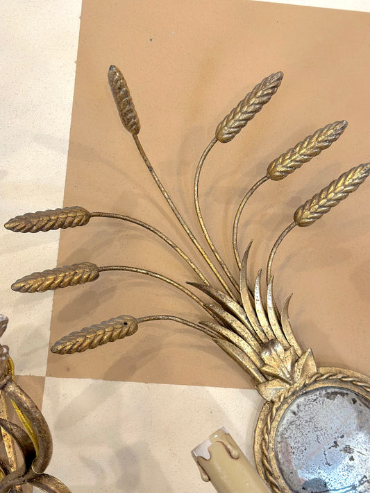 Antique French Pair Of Gilt Wheat Wall Sconces