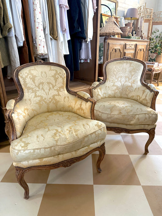 Pair of Antique French Tub Chairs with Silk Damask Upholstery
