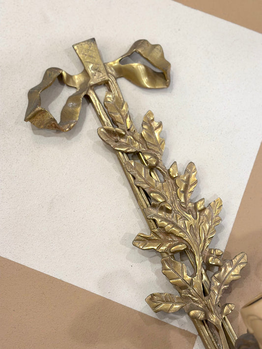 Antique French Pair Of XL Brass Oak Leaf Wall Sconces