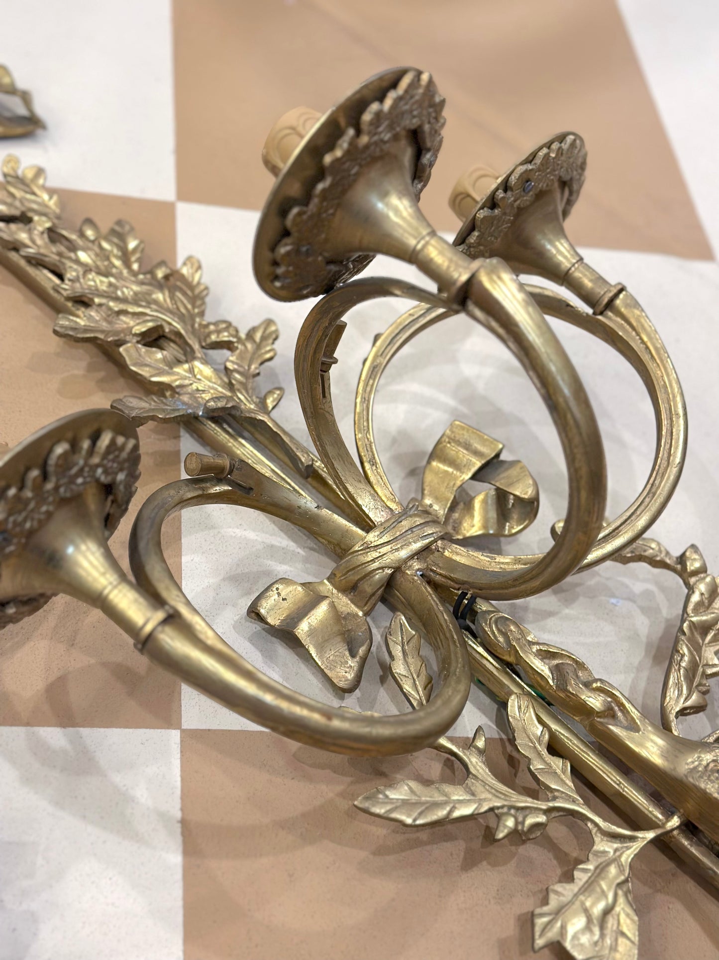 Antique French Pair Of XL Brass Oak Leaf Wall Sconces