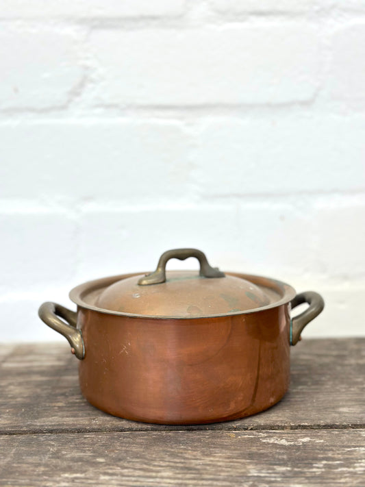 Antique French Small Round Copper Pot With Lid