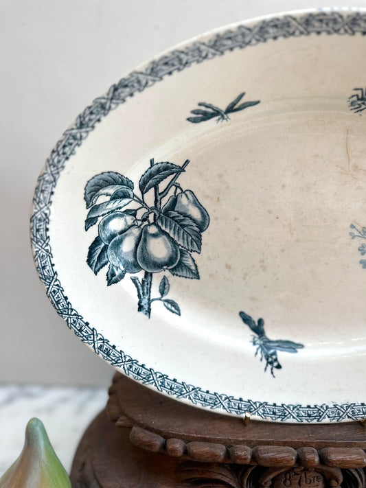Antique French Oval Platter With Blue Fruit Design