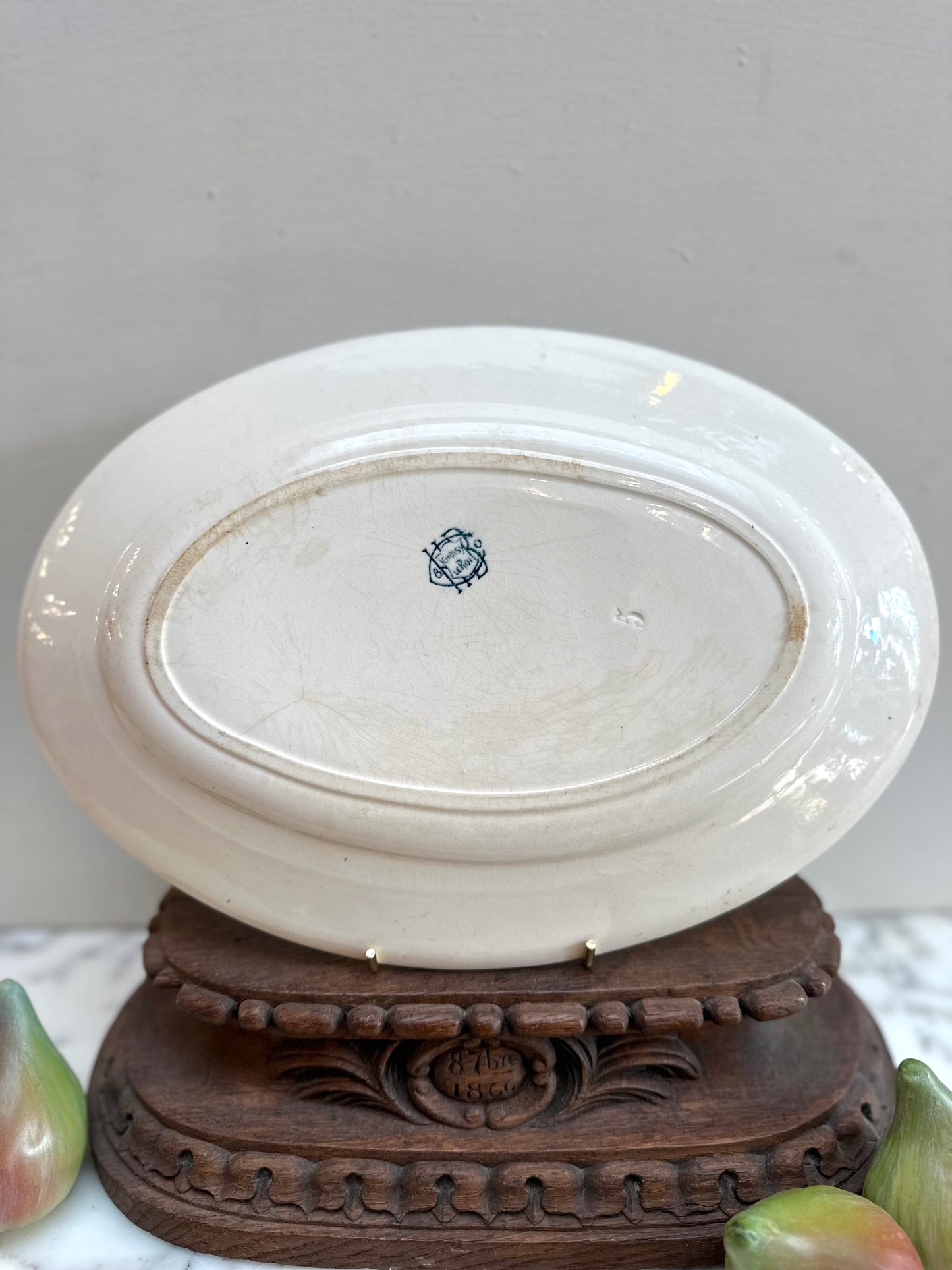Antique French Oval Platter With Blue Fruit Design