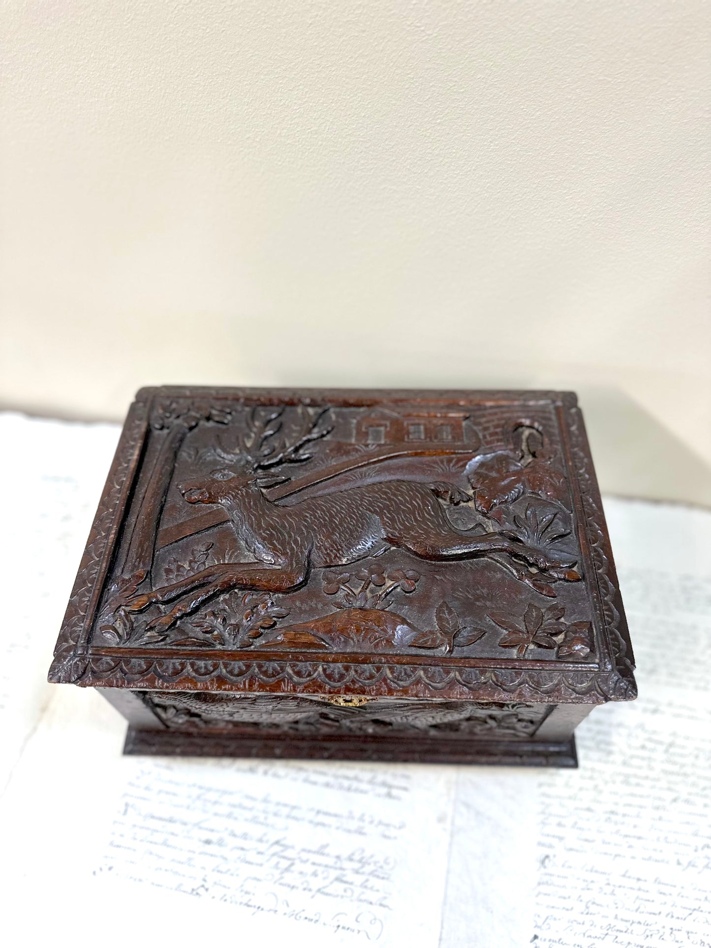 Antique French Large Black Forest Deer Carved Wooden Box