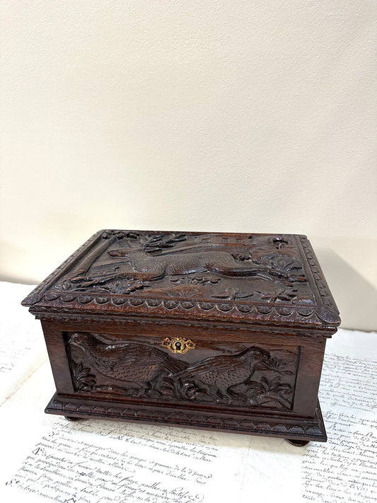 Antique French Large Black Forest Deer Carved Wooden Box