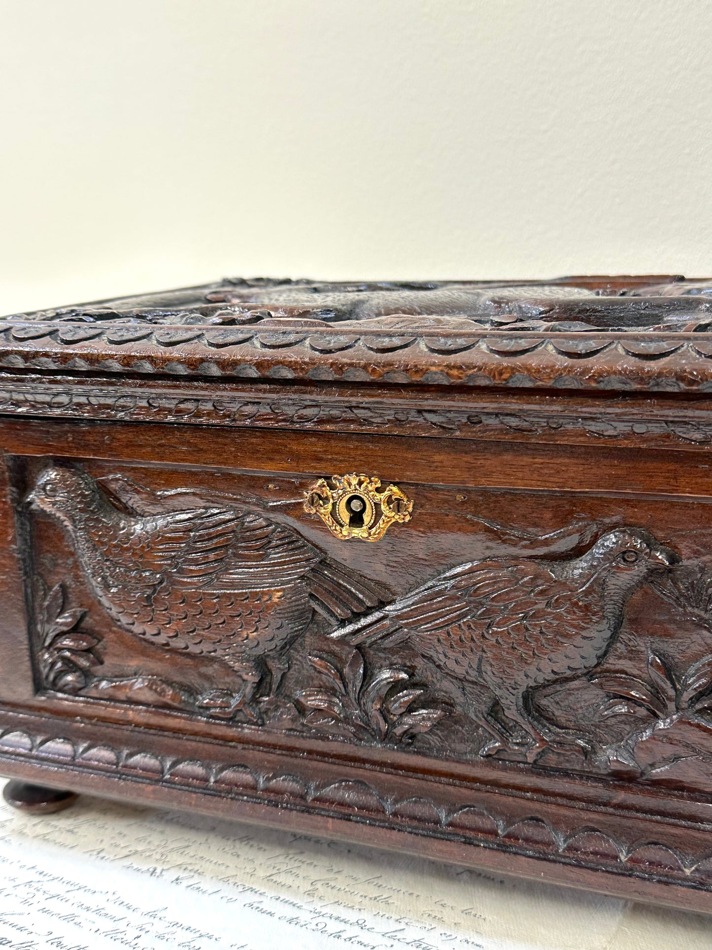 Antique French Large Black Forest Deer Carved Wooden Box