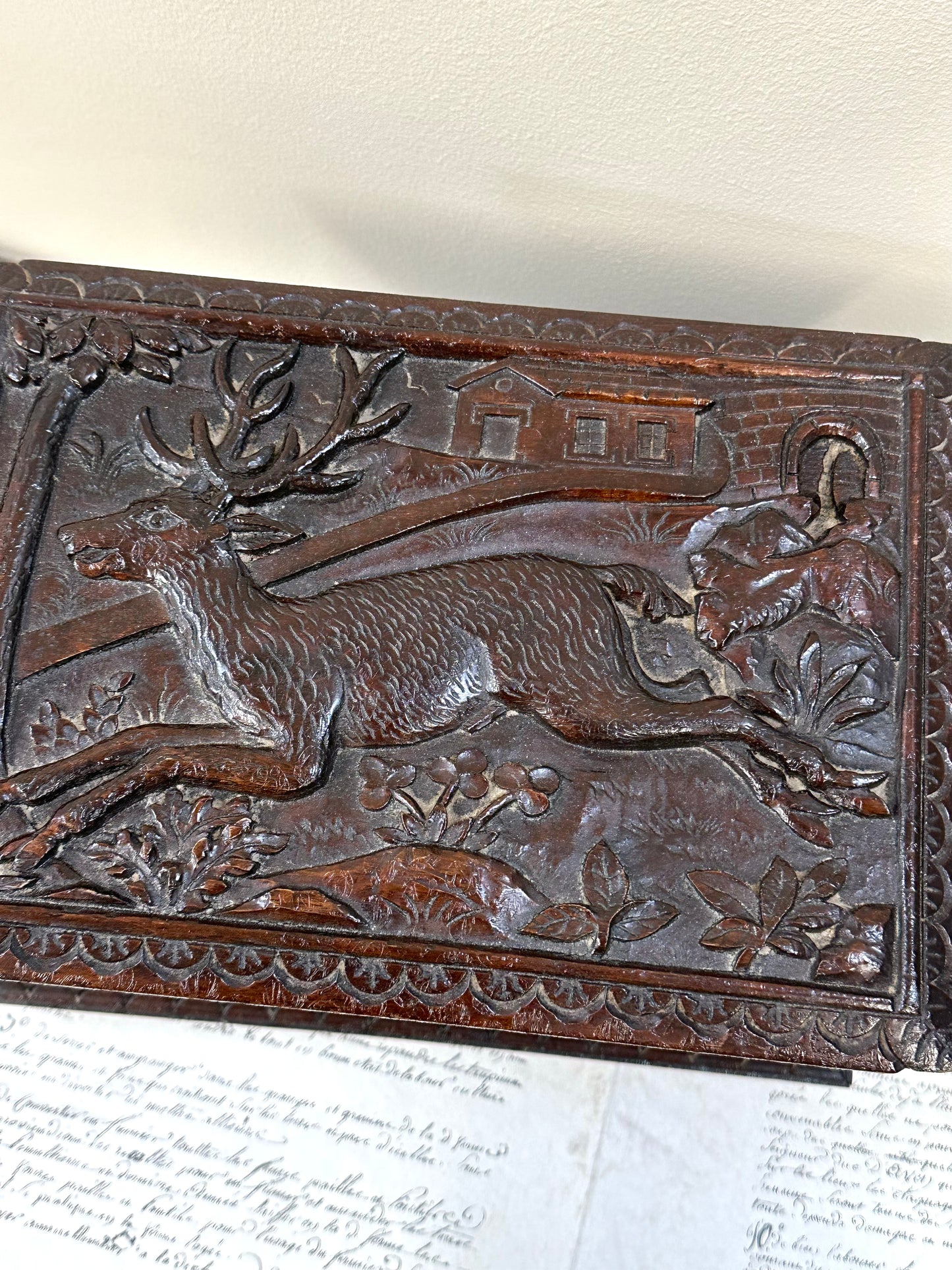 Antique French Large Black Forest Deer Carved Wooden Box