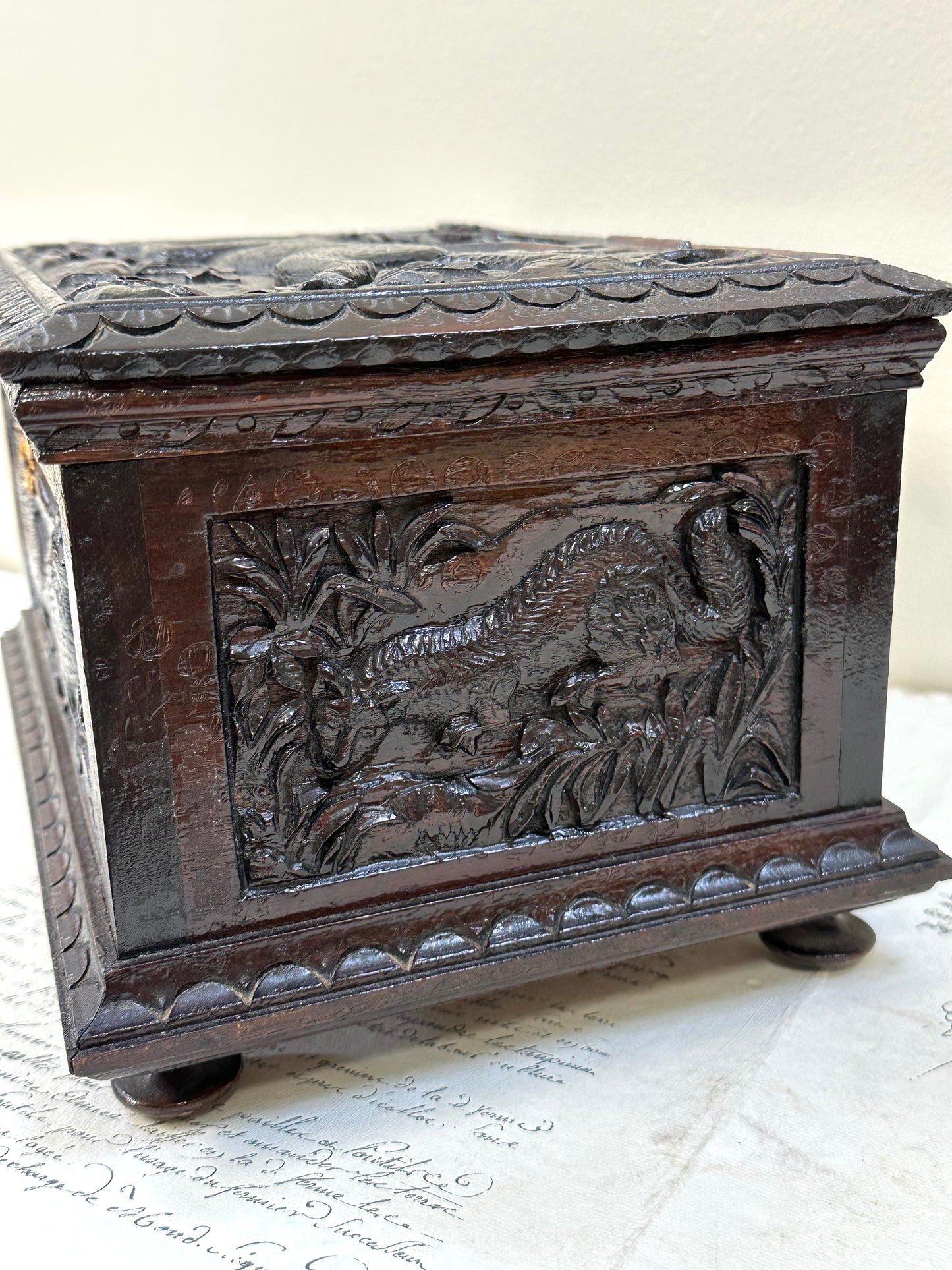 Antique French Large Black Forest Deer Carved Wooden Box