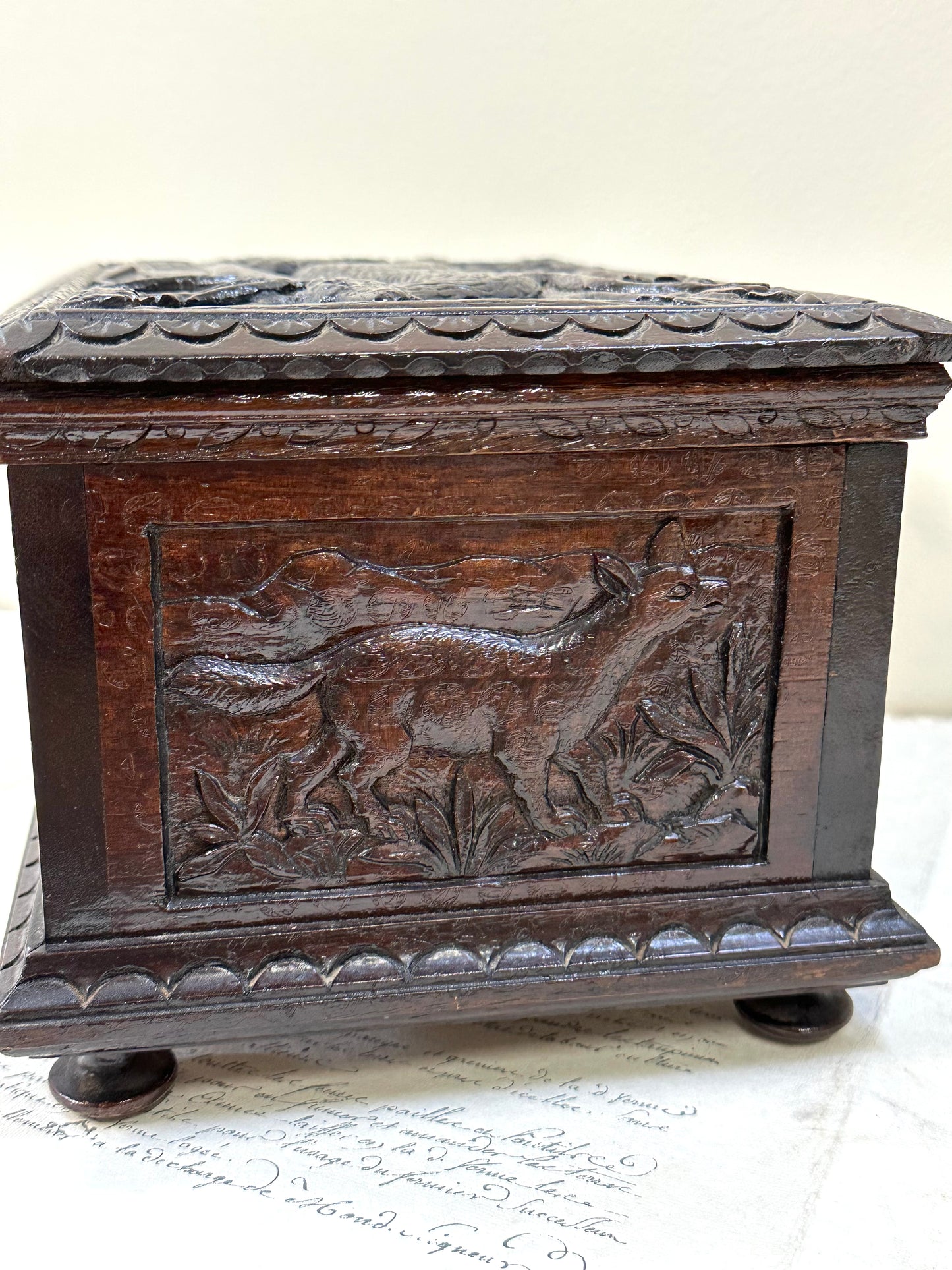 Antique French Large Black Forest Deer Carved Wooden Box