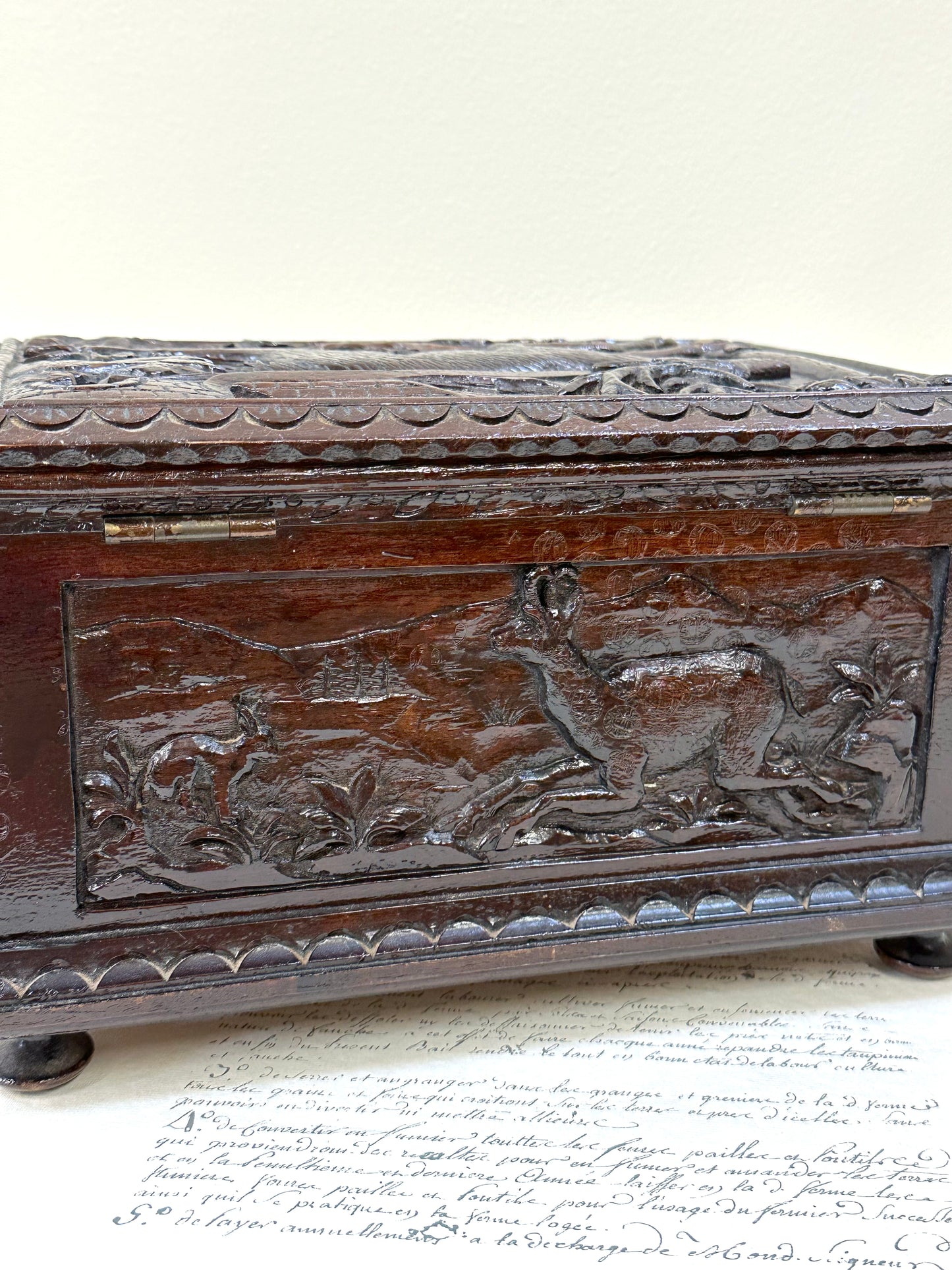 Antique French Large Black Forest Deer Carved Wooden Box