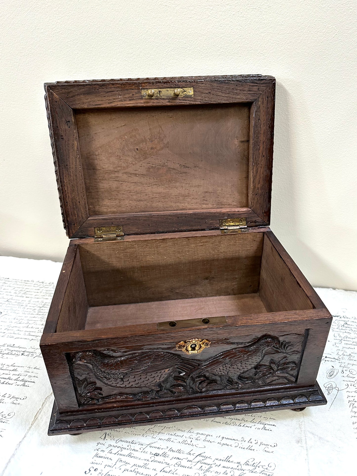 Antique French Large Black Forest Deer Carved Wooden Box