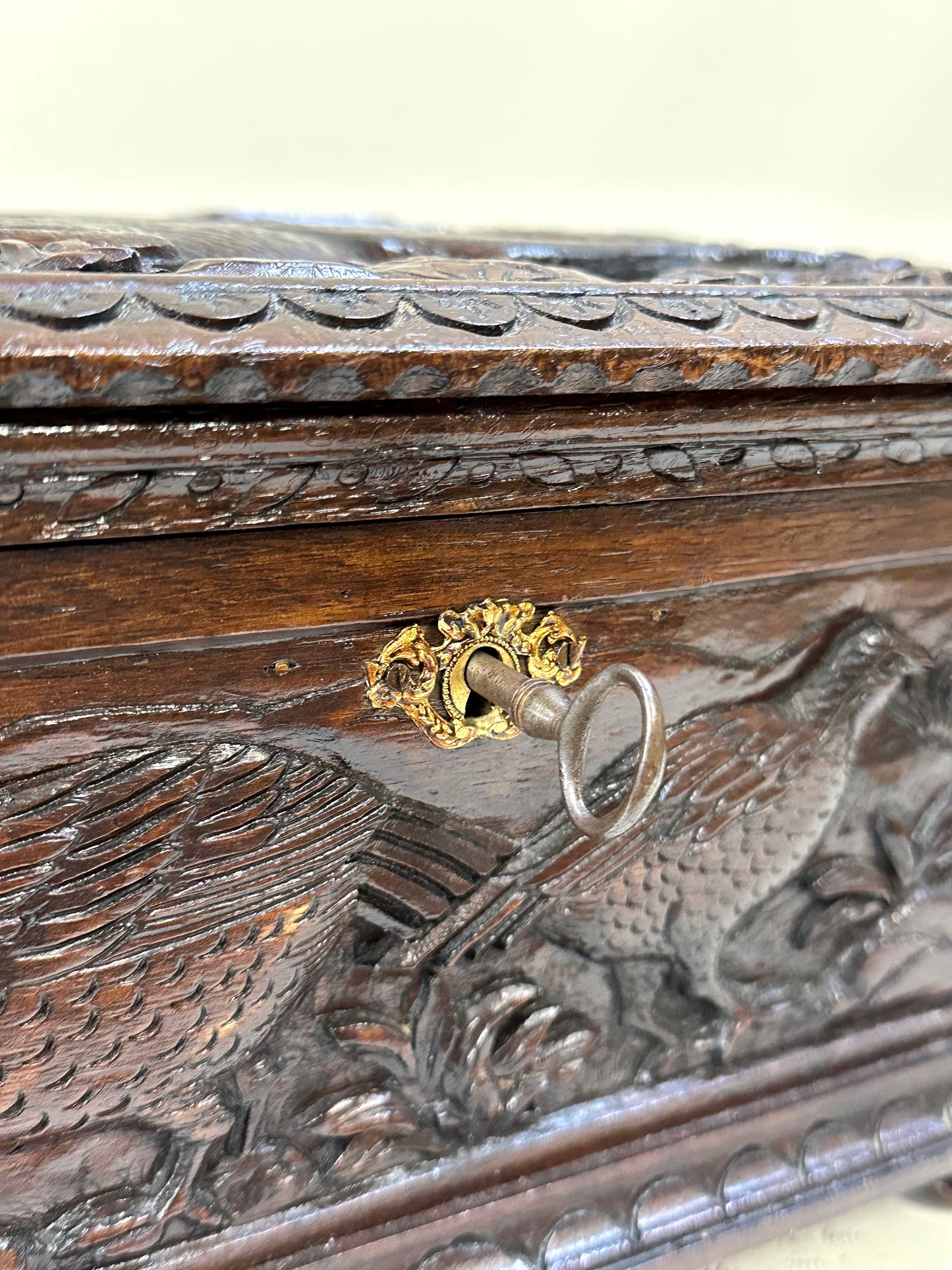 Antique French Large Black Forest Deer Carved Wooden Box