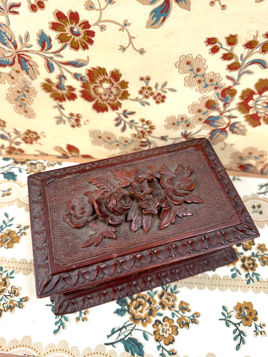 Antique French Small Black Forest Carved Wooden Box