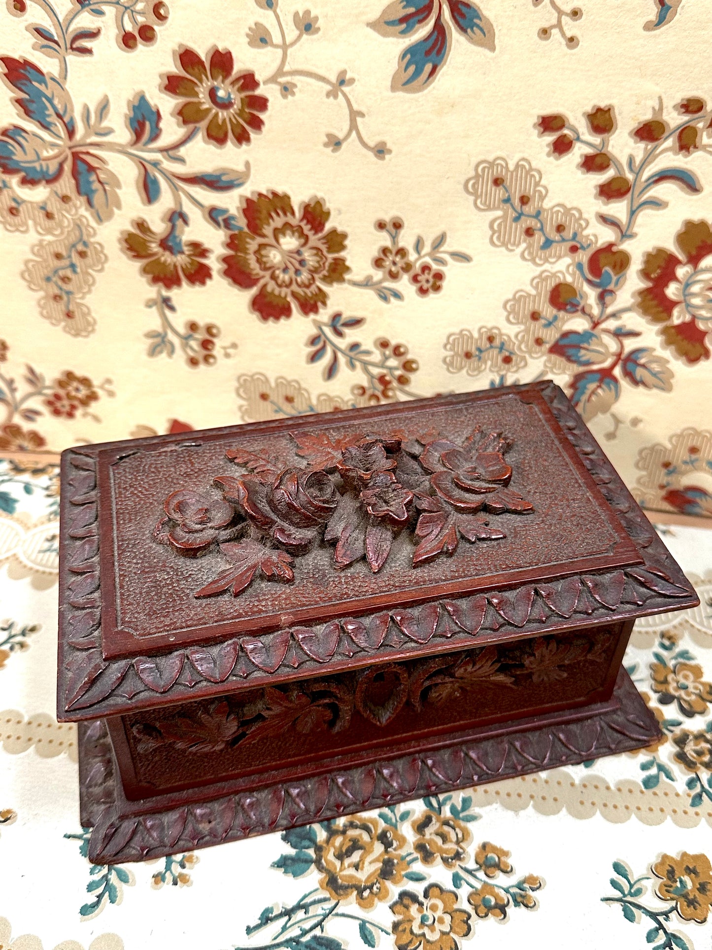Antique French Small Black Forest Carved Wooden Box