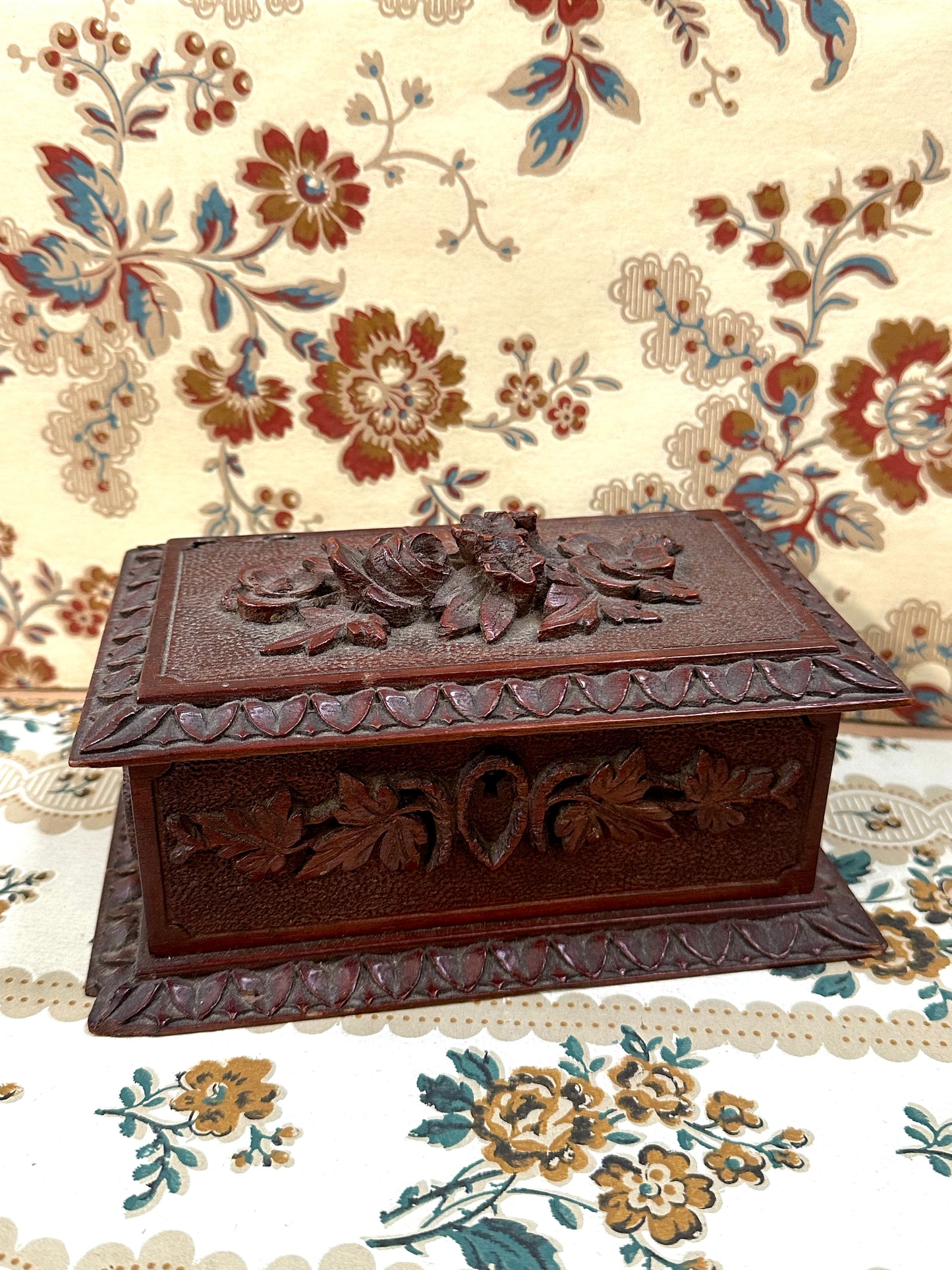 Antique French Small Black Forest Carved Wooden Box