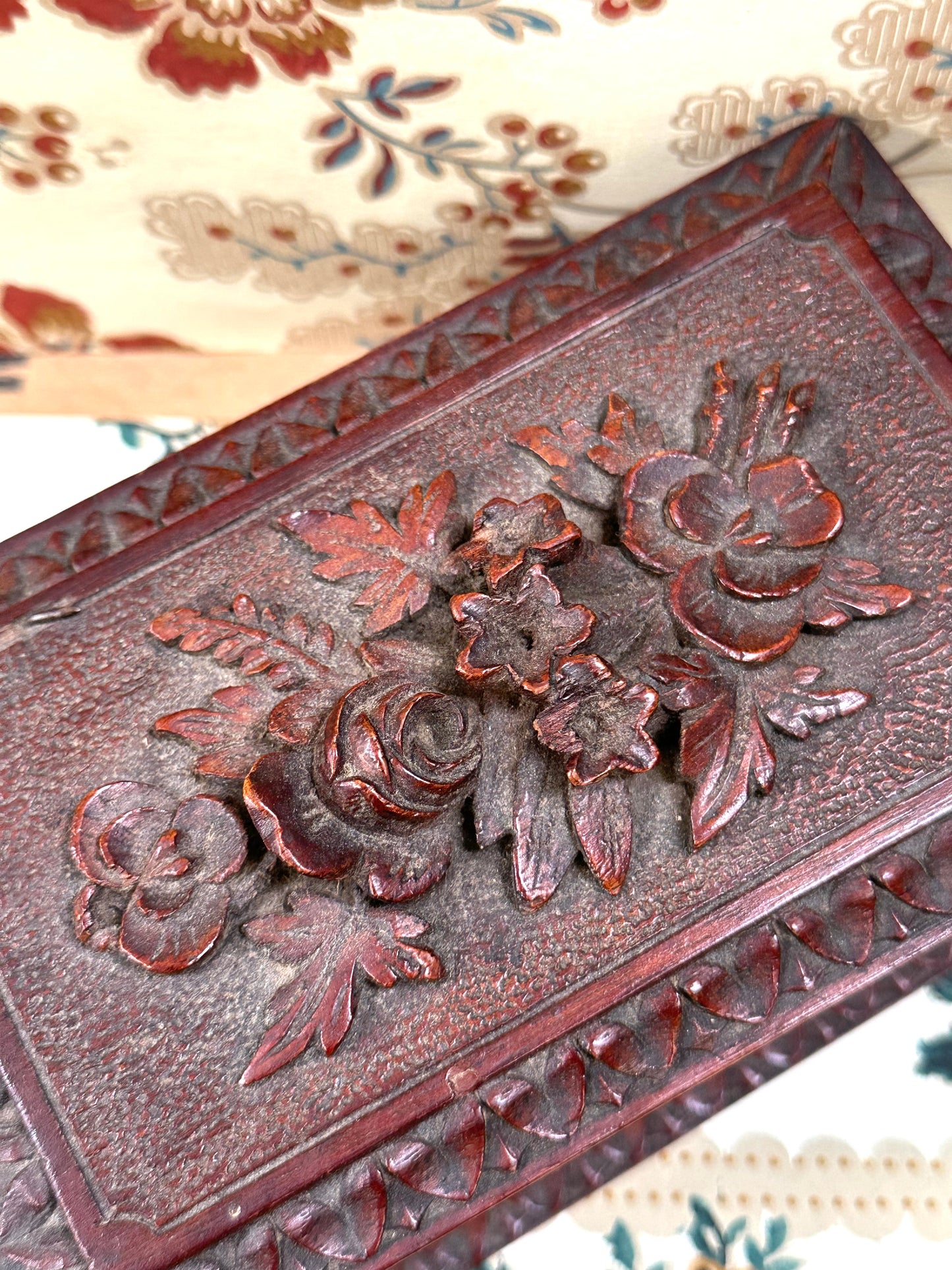 Antique French Small Black Forest Carved Wooden Box